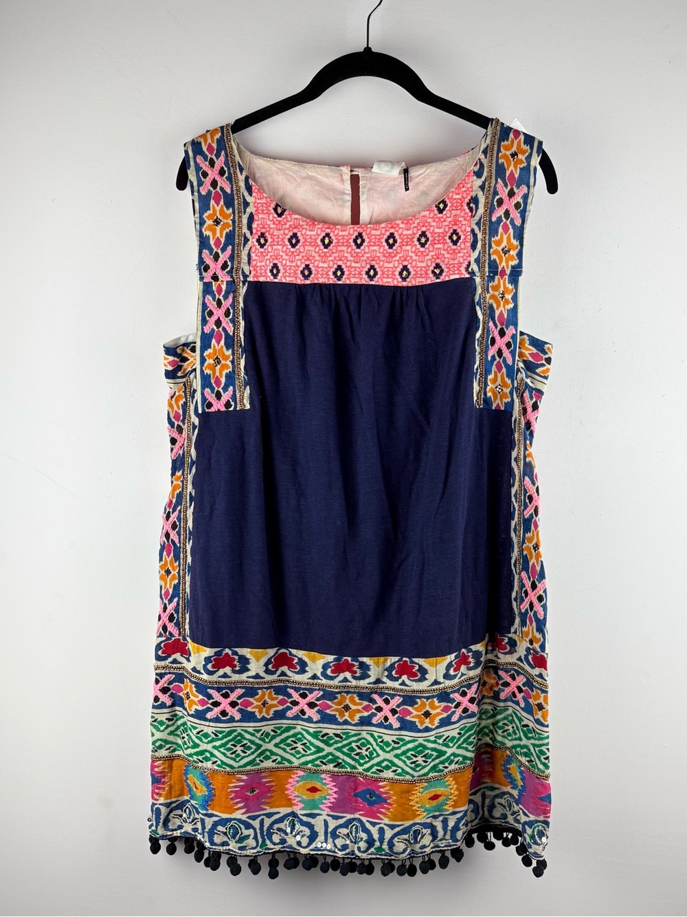 Boho Embroidered Navy Mini Dress with Multicolor Trim